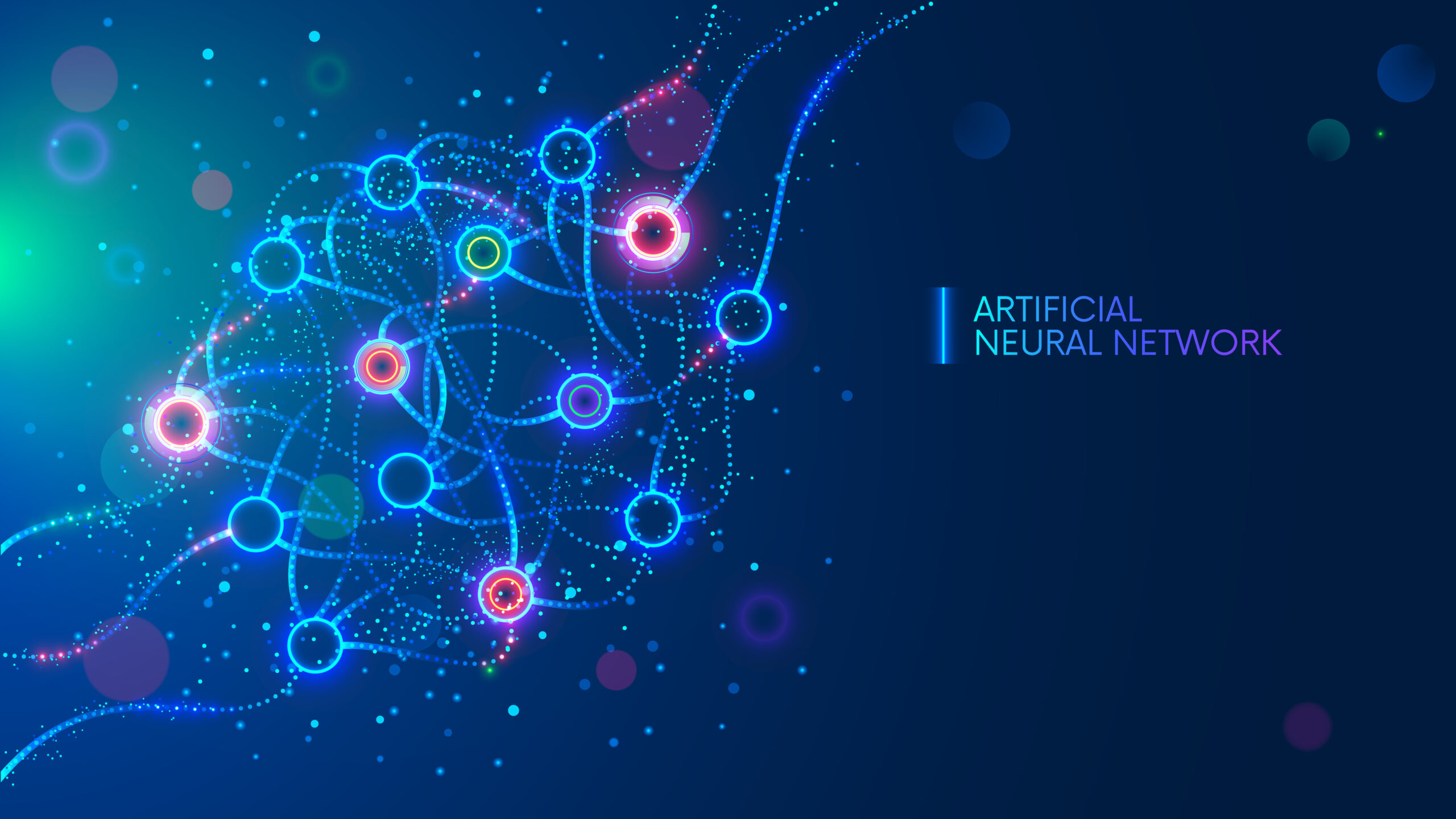 Artificial neural networks, ANN, connectionist systems. Abstract simple graphics scheme of neural machine mind with AI. Artificial intelligence, cybernetic net in computer learning. Science concept.